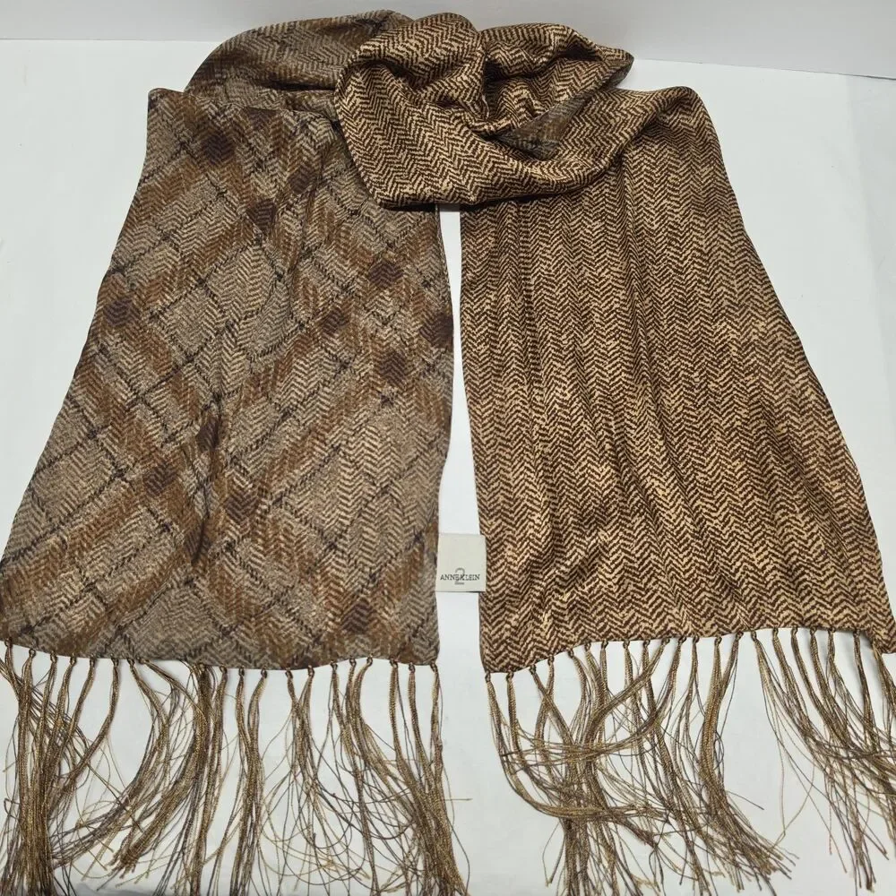 Vintage Anne Klein Silk Reversible Fringed Scarf Plaid Herringbone Tan Brown
